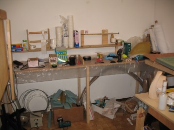 House workshop (note spare foam under work bench)